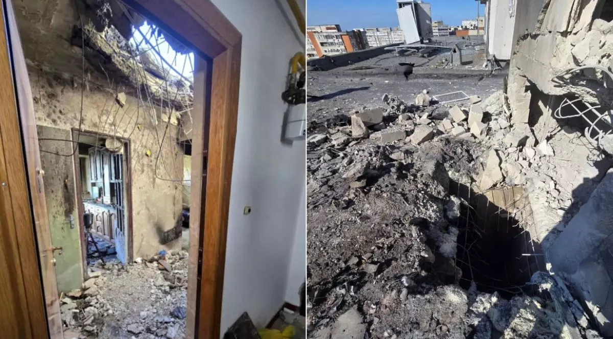 Colaj din două fotografii care arată interiorul apartamentului distrus de o dronă rusească în Galați, și acoperișul blocului în locul în care drona a explodat