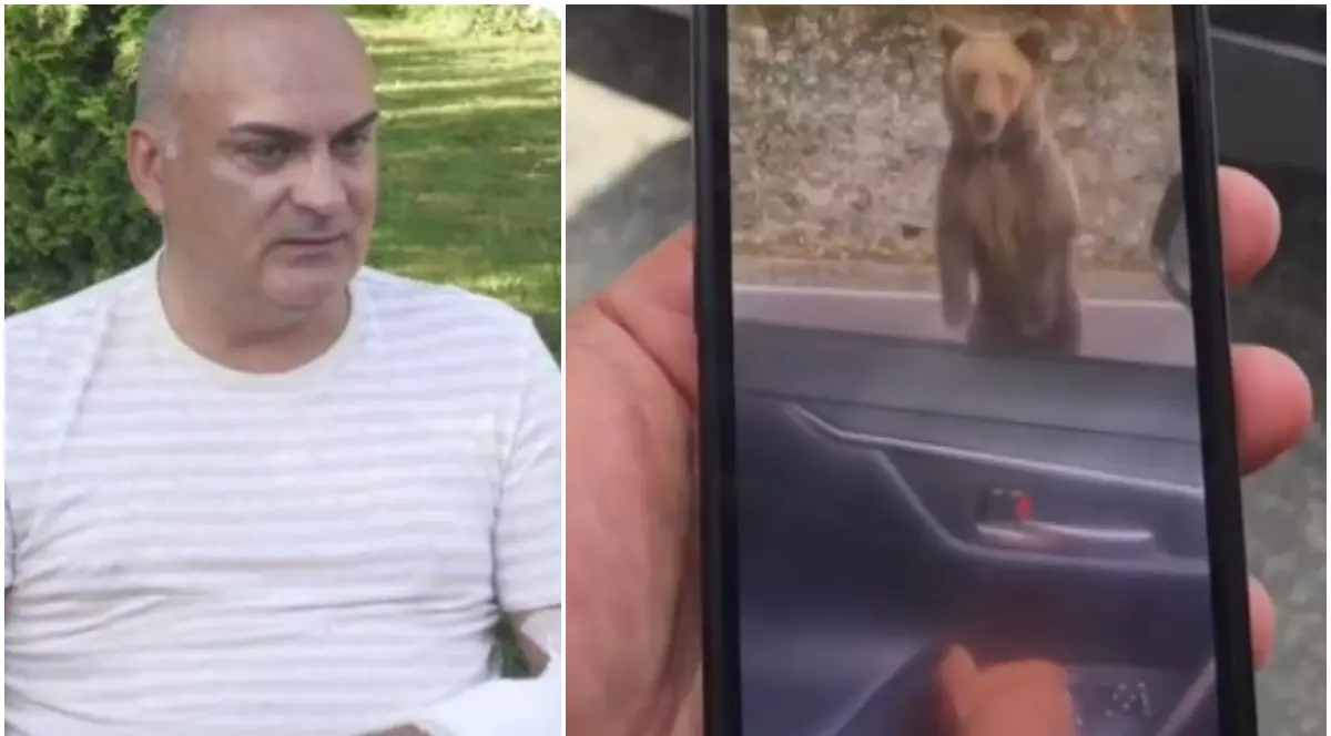 Colaj din două fotografii, cu un bărbat îmbrăcat cu un tricou alb în stânga și un bandaj pe mână, iar în dreapra o captură de pe un telefon în care se vede un urs și portiera unei mașini