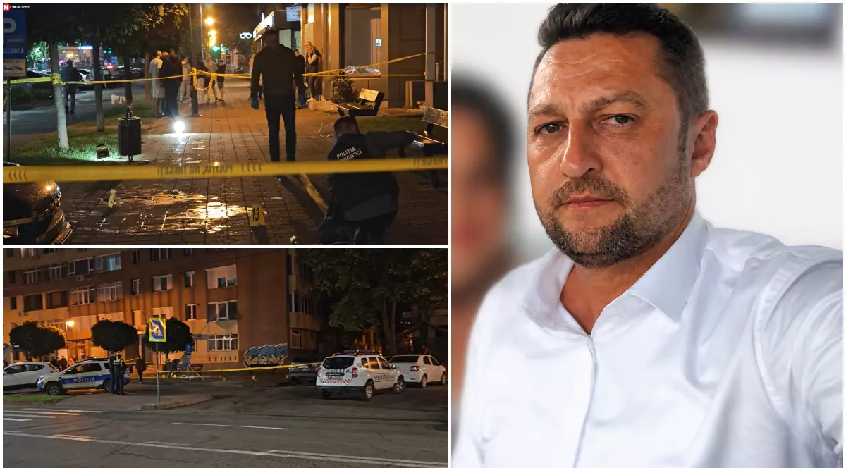 Colaj ce conține în partea dreaptă portretul unui bărbat în cămașă albă, iar în partea stângă două cadre nocturne cu o scenă de investigație criminalistică delimitată de benzi galbene și mașini de poliție.