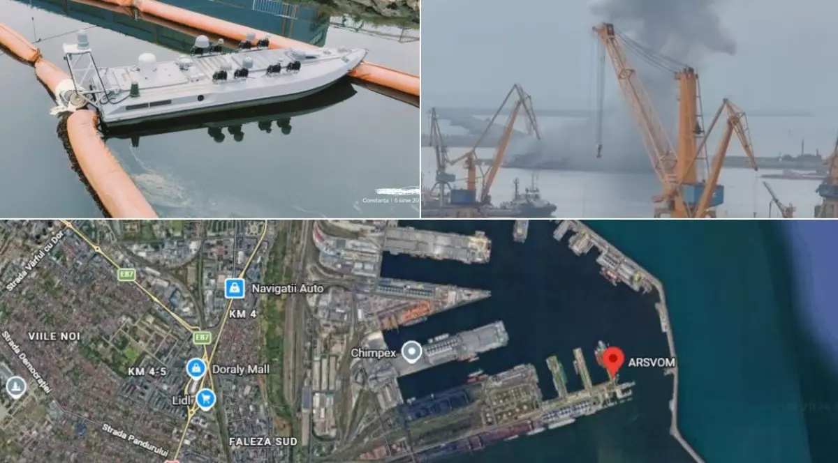 Colaj din trei fotografii cu drona maritimă care a explodat în Portul Constanța, înainte de explozie, imagine din depărtare cu norul de fum după explozie și în partea de jos harta din Google Maps cu Portul Constanța și locul exploziei