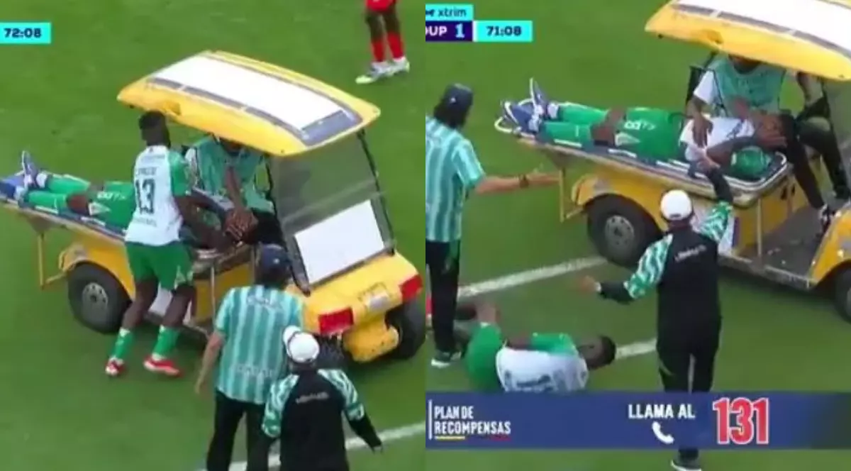 Un colaj format din două fotografii în care un fotbalist este transportat pe targă cu o mașinuță, iar un alt jucător este accidentat direct de mașinuță și cade peste coechipierul său