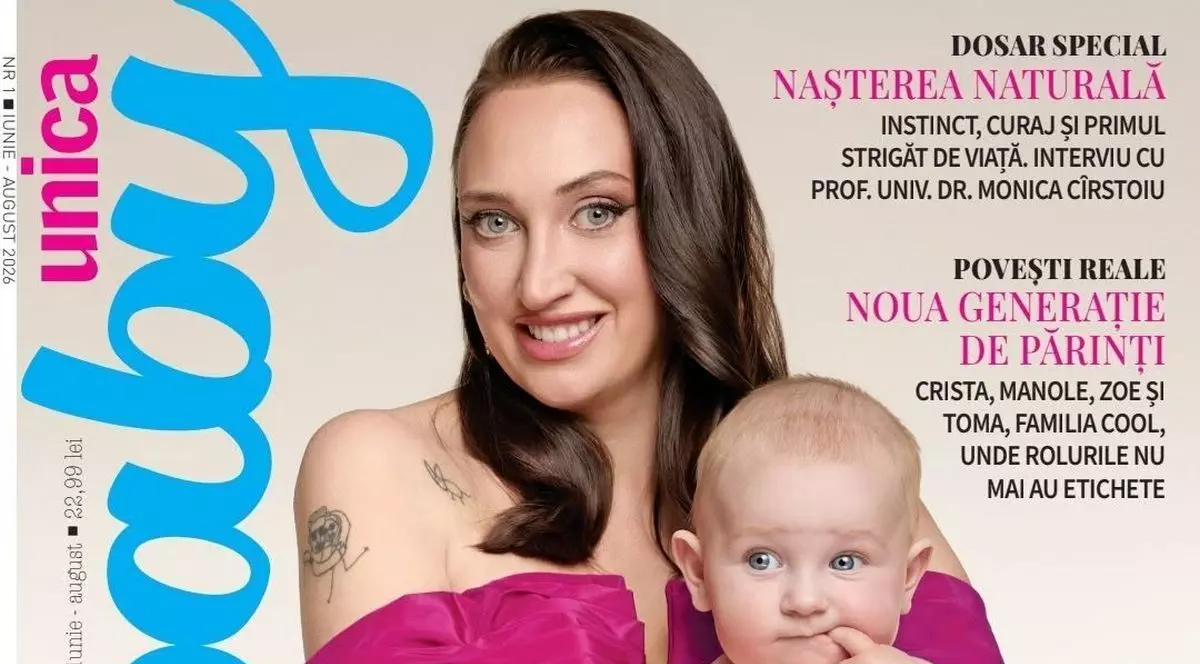Coperta revistei Baby Unica din iunie 2026 cu Ilona Brezoianu cu un copil în brațe