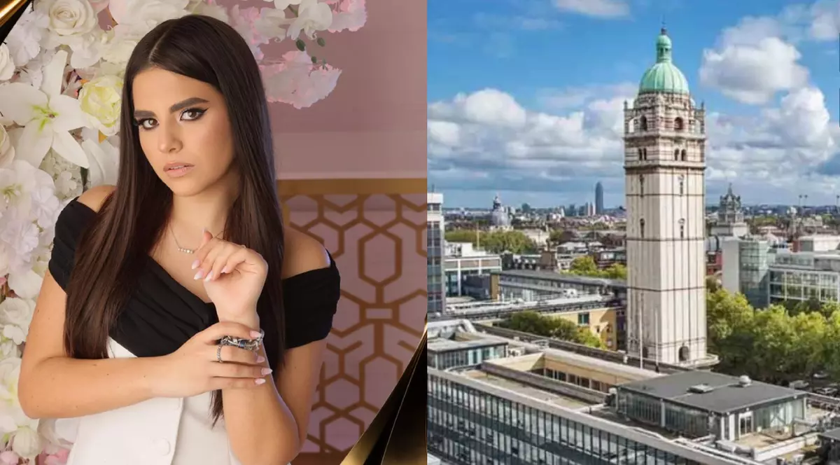 O fata imbracata in bluza neagra si fusta alba pe un fundal roz// Colegiul Imperial din Londra