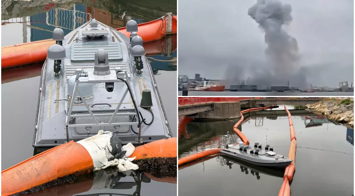 Colaj ce înfățișează în partea stângă și în colțul din dreapta jos o dronă marină de suprafață (ambarcațiune fără echipaj) într-un port și izolată cu baraje portocalii, iar în colțul din dreapta sus o coloană mare de fum gri ce se ridică deasupra apei în urma unei explozii la orizont.