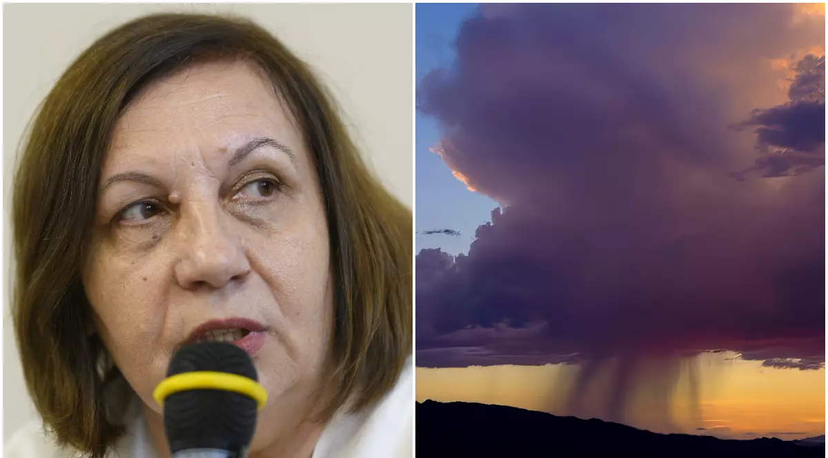 Colaj din două fotografii: în stânga este Elena Mateescu vorbind la microfon în timpul unei conferințe de presă, iar în dreapta este o formațiune masivă de nori de furtună în nuanțe violet care coboară o perdea vizibilă de ploaie deasupra unor munți, totul pe fundalul unui cer de apus.