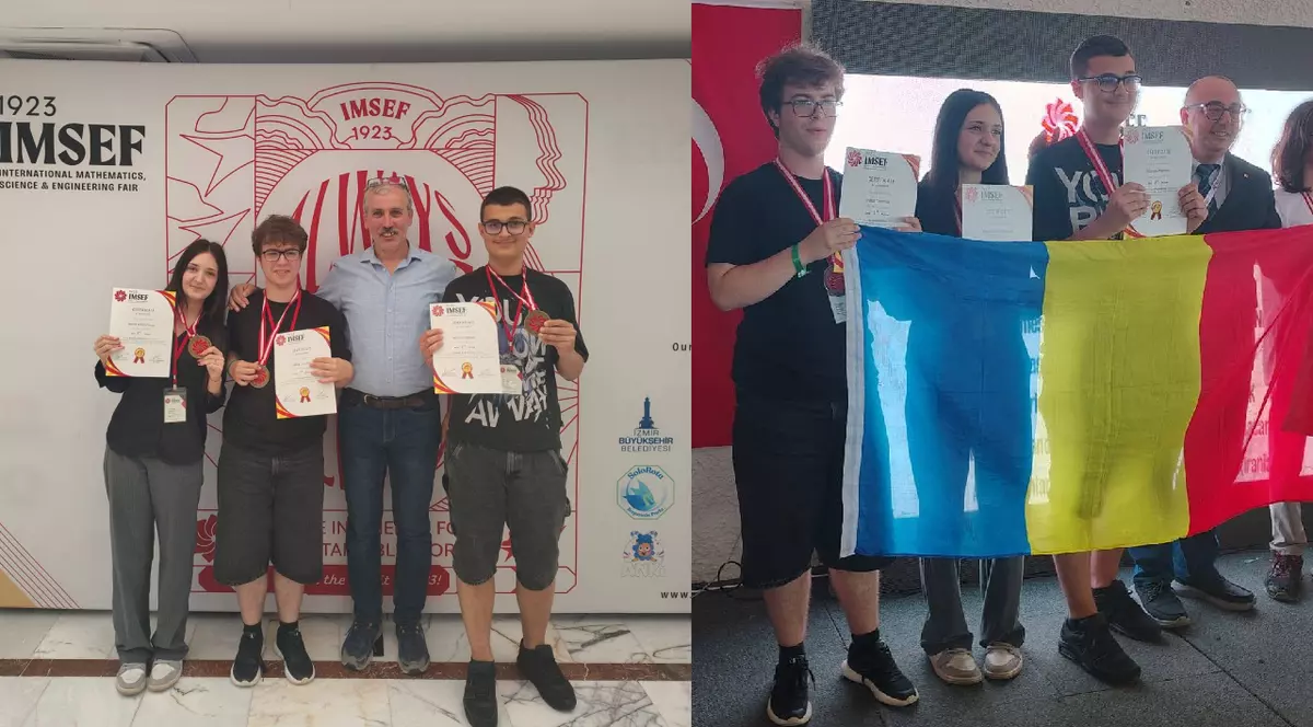 Trei elevi pozeaza alaturi de un adult, cu diplome in mana si medalii la gat// elevii tin in mana steagul României