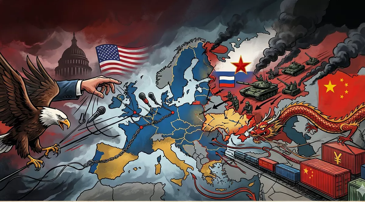 Un colaj reprezentand Europa aflată sub atac militar din partea Rusiei, politic din partea Statelor Unite și economic din partea Chinei