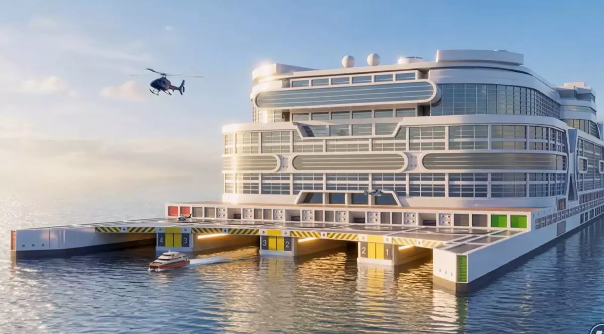 Randare 3D cu Freedom Ship, o navă atât de mare încât ar funcționa ca un oraș plutitor. La bord ar putea locui sau călători până la 80.000 de oameni, iar nava ar avea școli, spital, magazine, restaurante, hoteluri, bănci, muzee, stadion, parc acvatic și heliporturi.
