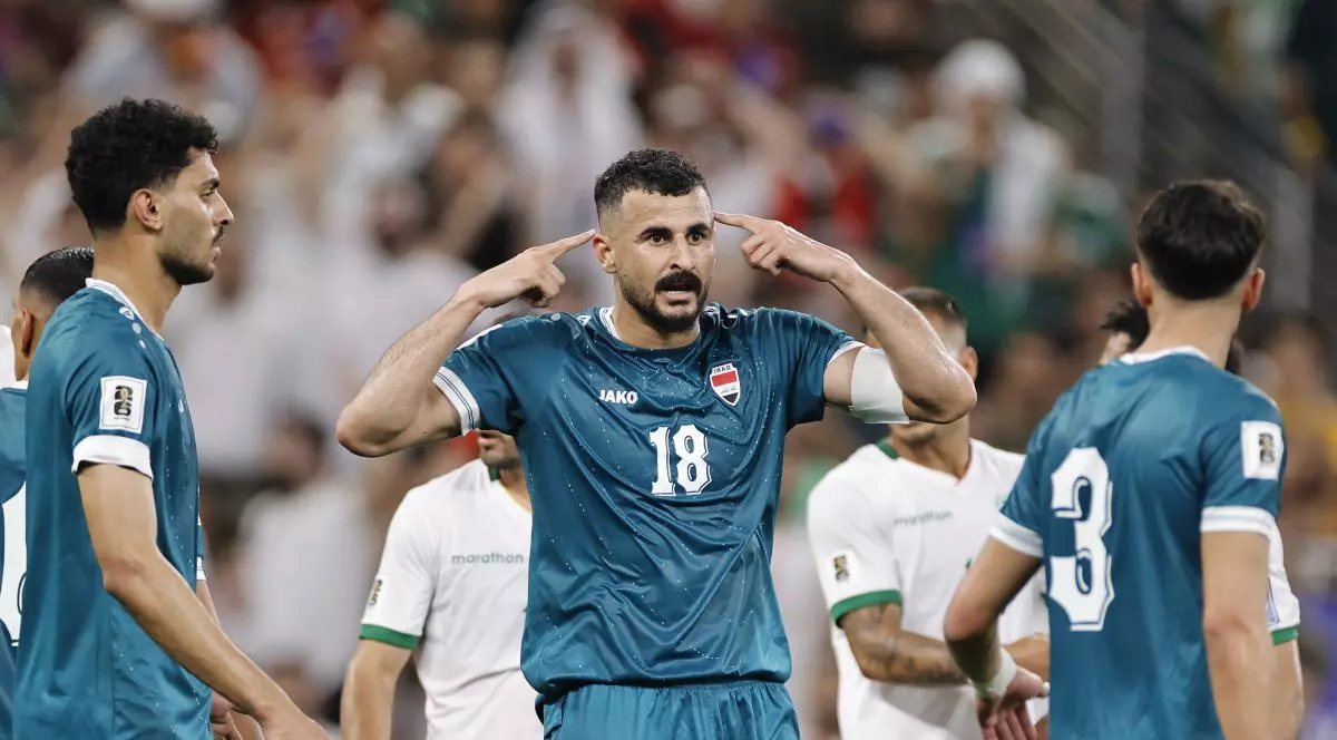 Aymen Hussein din Irak reacționează în timpul meciului final al turneului play-off al Cupei Mondiale FIFA 2026 dintre Irak și Bolivia, desfășurat pe Estadio Monterrey, pe 31 martie 2026, în Guadalupe, Mexic