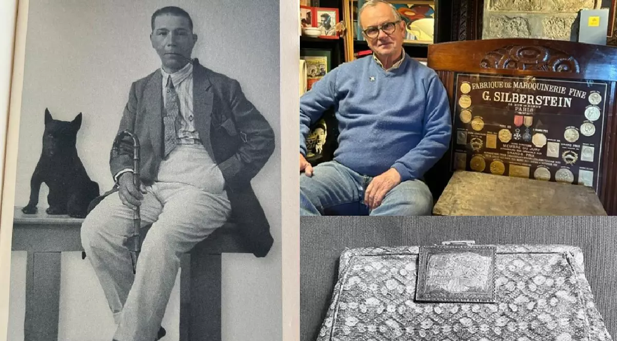 Guillaume Silberstein tânăr (în stânga, sprijinindu-se într-un baston, alături de un câine negru), nepotul Jil Solberstein și valiza bunicului său (dreapta sus) și una dintre gențule create de „Louis Vuitton avant la lettre”