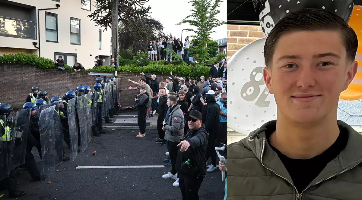 SOUTHAMPTON, ANGLIA - 2 IUNIE: Oamenii se confruntă cu poliția antirevoltă în timp ce protestatarii se adună lângă locul unde Henry Nowak a murit în timpul unei demonstrații privind modul în care poliția a gestionat incidentul, pe 2 iunie 2026 în Southampton, Anglia.
