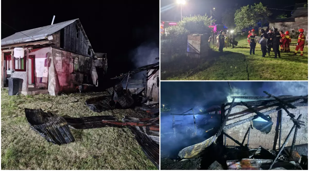 Colaj din trei fotografii care arată urmările unui incendiu și intervenția echipajelor de urgență pe timp de noapte
