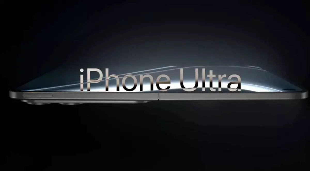 Imagine mockup de prezentare cu iPhone Ultra, văzut dintr-o parte.