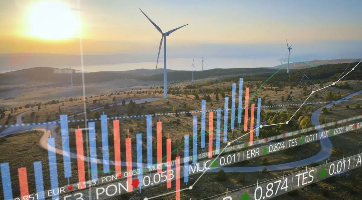 Vedere aeriană a unui parc eolian cu o suprapunere grafică 3D de diagrame și grafice financiare, simbolizând investițiile în energie