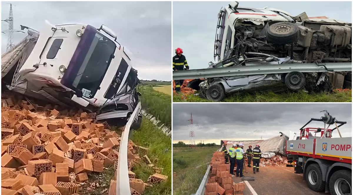Colaj ce înfățișează consecințele unui grav accident de circulație în care un TIR încărcat cu cărămizi s-a răsturnat peste un autoturism, încărcătura împrăștiată și intervenția echipajelor de pompieri și poliție la fața locului.