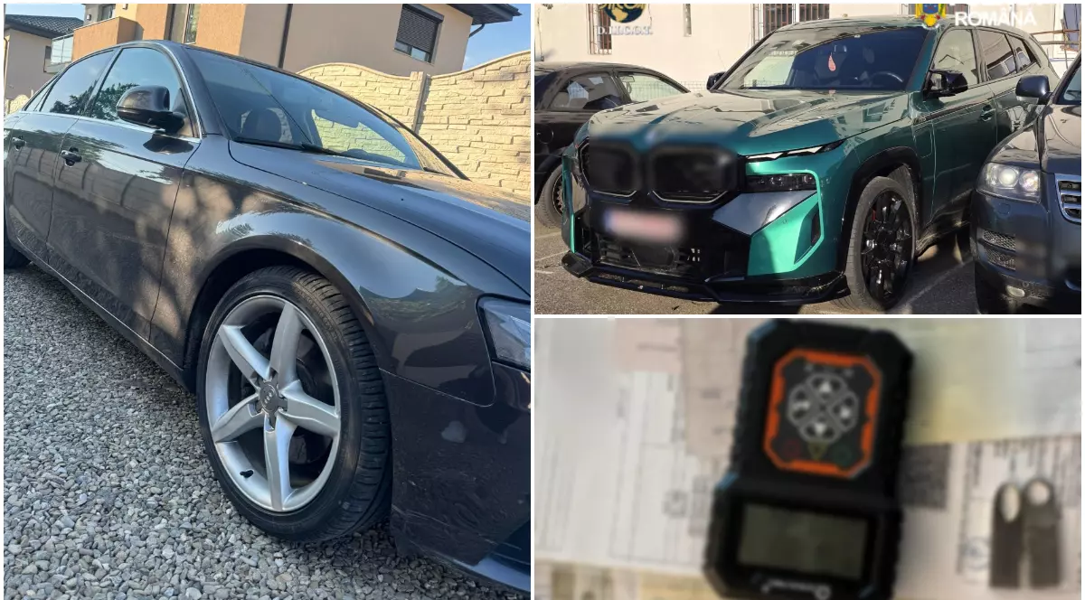 Colaj ce înfățișează în partea stângă un autoturism Audi gri parcat pe pietriș, în colțul din dreapta sus un SUV BMW verde într-o parcare, iar în colțul din dreapta jos un dispozitiv electronic și documente neclare.