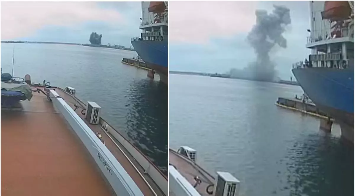 Momentul exploziei dronei maritime din Portul Constanța, care a avut loc vineri dimineața, a fost filmat de pe o navă, Constanța, 5 iunie 2026