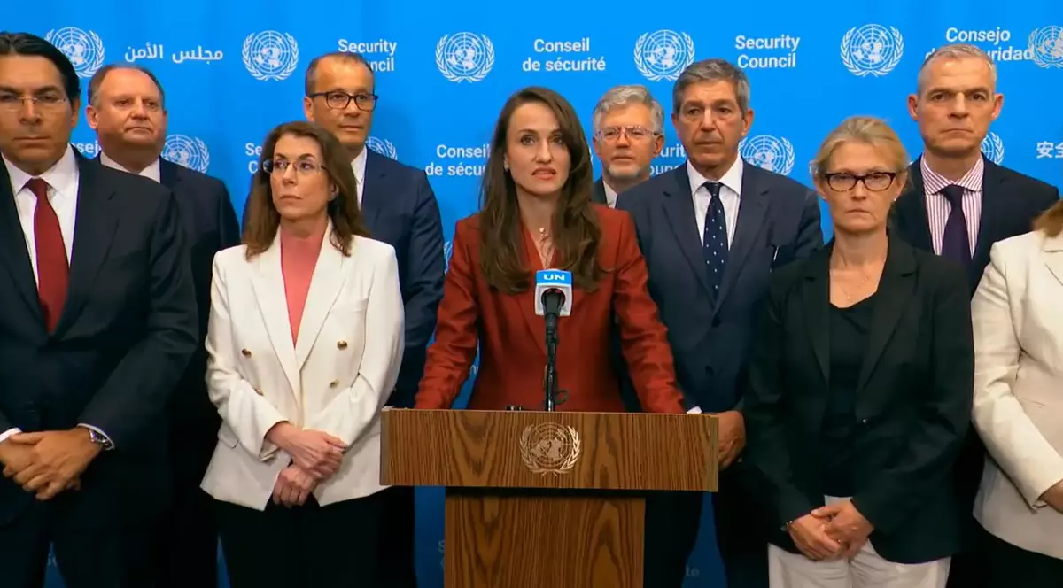 Oana Țoiu, înainte de reuniunea CS ONU, solicitata de România, face declaratii din mijlocul unui grup de persoane