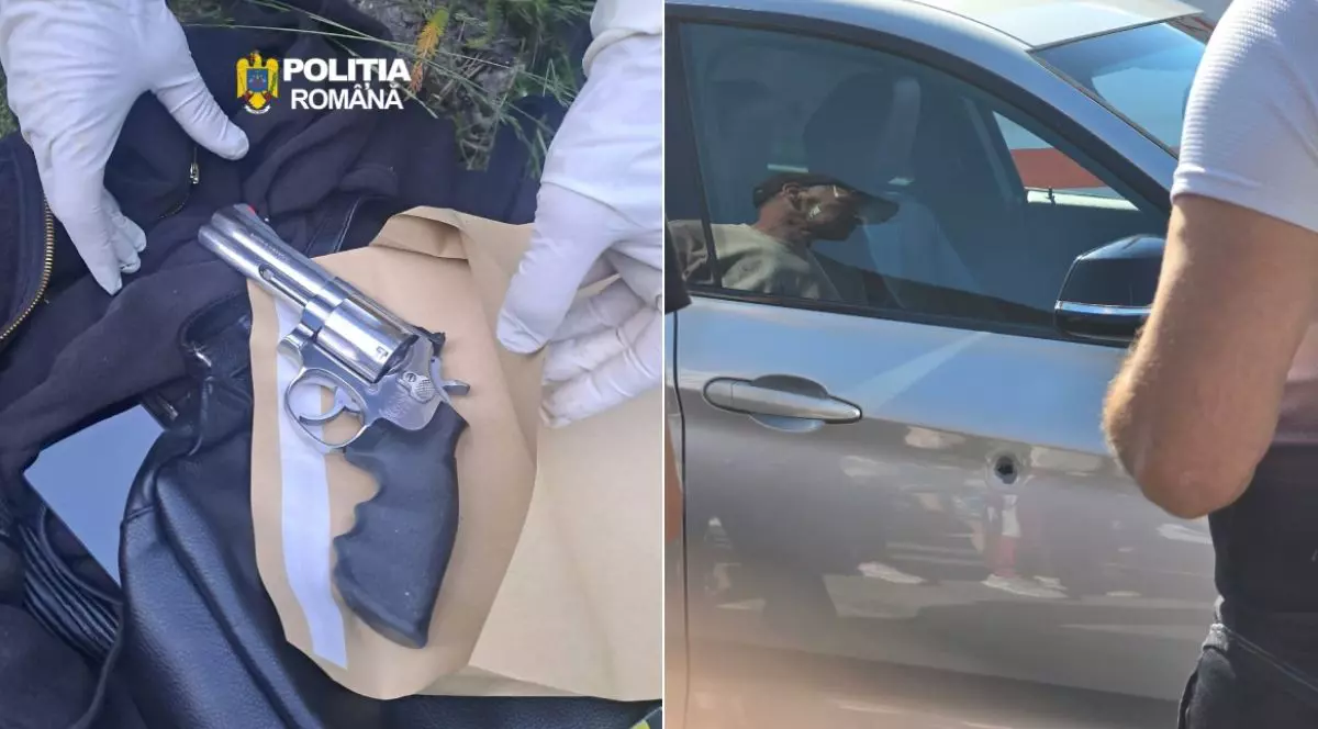 Colaj foto cu pistolul folosit de suspect în atacul din Lupeni, în stânga, și mașina de culoare gri în care a tras cu pistolul, cu o urmă în portieră prin care a trecut glonțul