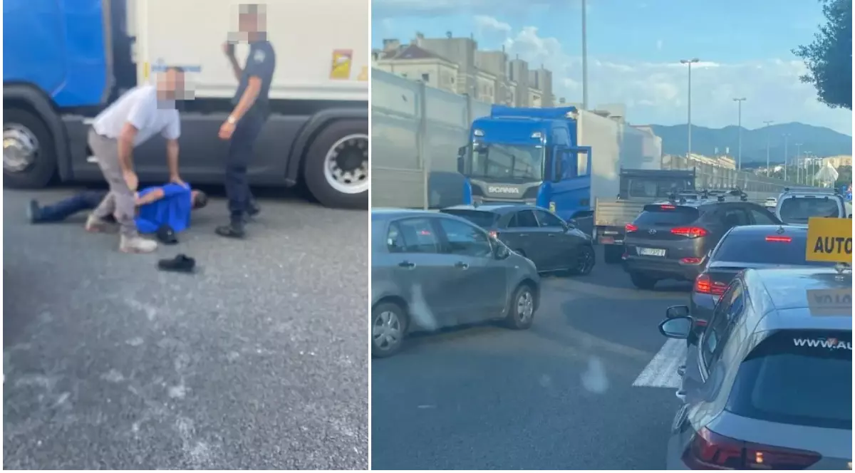 Colaj ce înfățișează în partea stângă un bărbat imobilizat la pământ de o persoană în civil lângă un polițist și cabina unui camion albastru, iar în partea dreaptă o coloană de mașini oprită în trafic pe o autostradă în dreptul aceluiași autotren.