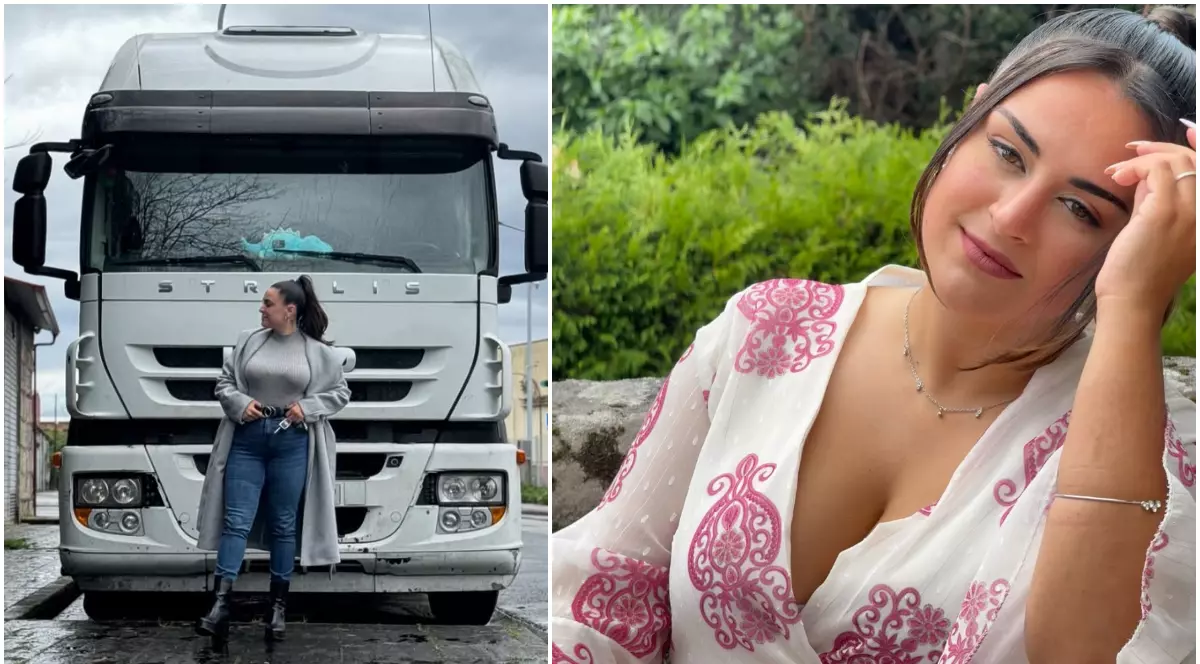 Imaginea este un colaj ce o prezintă în partea stângă pe o femeie cu mantou gri și blugi pozând în fața unui camion alb mare, iar în partea dreaptă un portret de aproape al aceleiași femei purtând o rochie albă cu imprimeu roz.