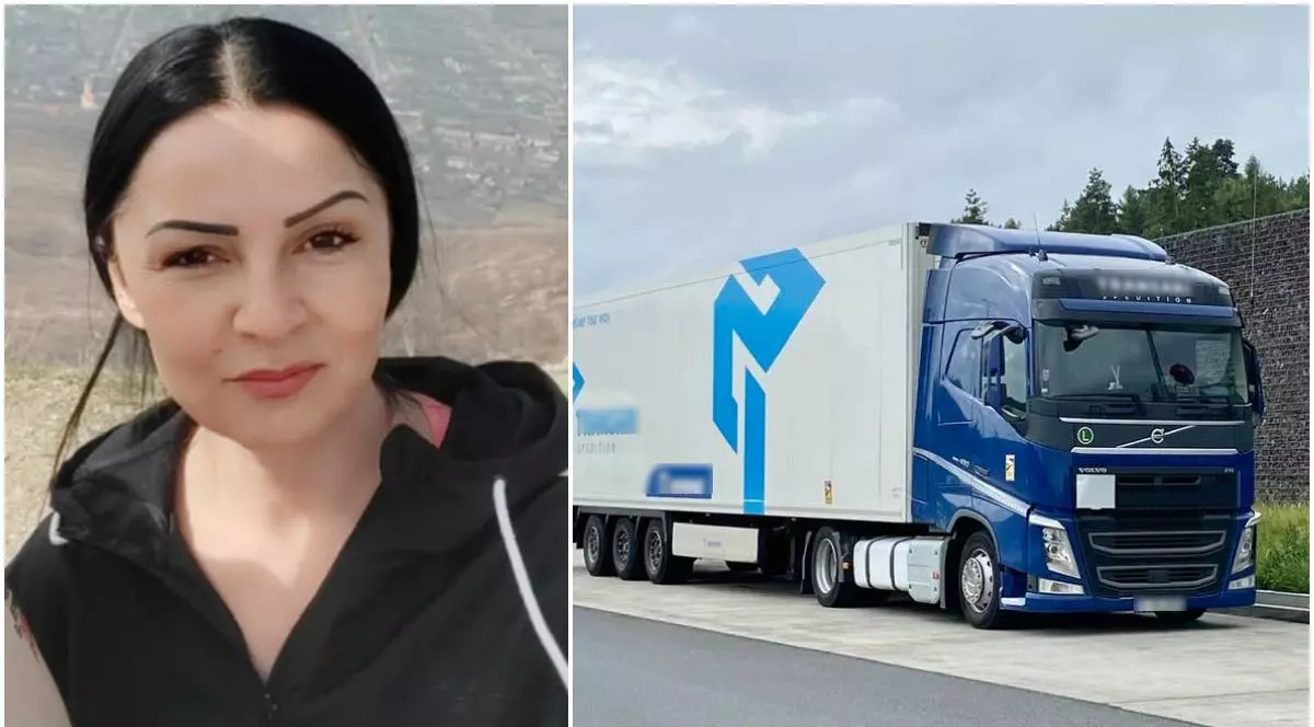Imaginea prezintă un colaj din două fotografii: în partea stângă este o femeie brunetă care zâmbește, iar în drepata este un camion albastru staționat pe marginea drumului.