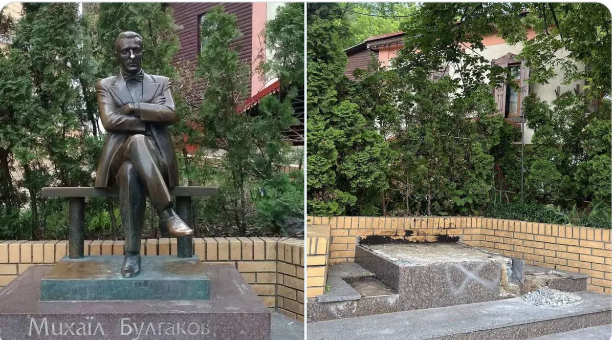 Statuia lui Mihail Bulgakov, înlăturată de pe soclu Captură X @rafalhubert