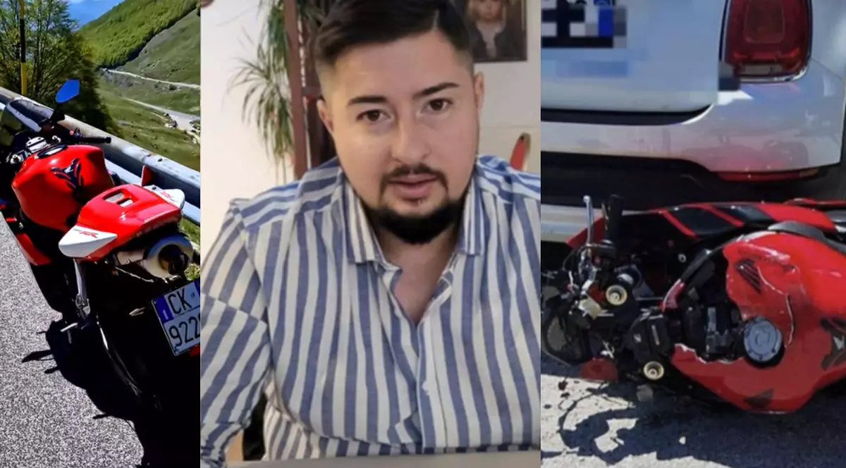Colaj motocicleta rosie pe un drum de munte// barbat in camasa alba cu dungi albastre// motocicleta rosie in spatele unei masini gri