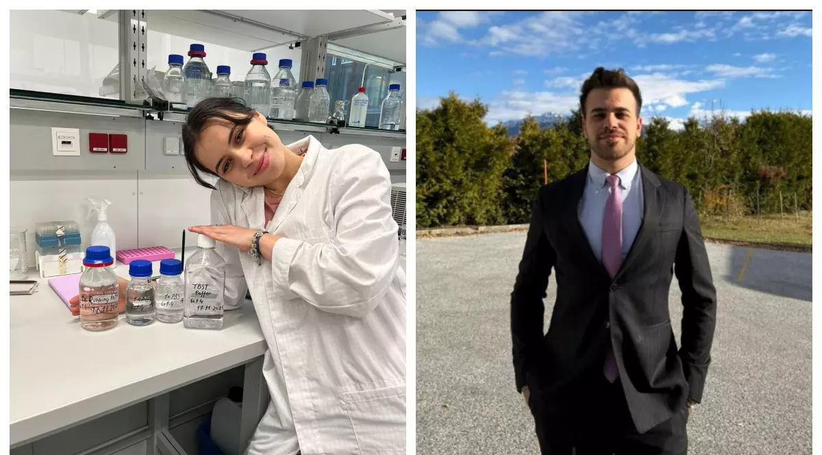 Colaj din două fotografii cu Roxana Doroftei și Matei Pătrașcu. Ea într-un laborator purtînd un halat și el îmbrăcat într-un costum gri cu mâinile în buzunare.