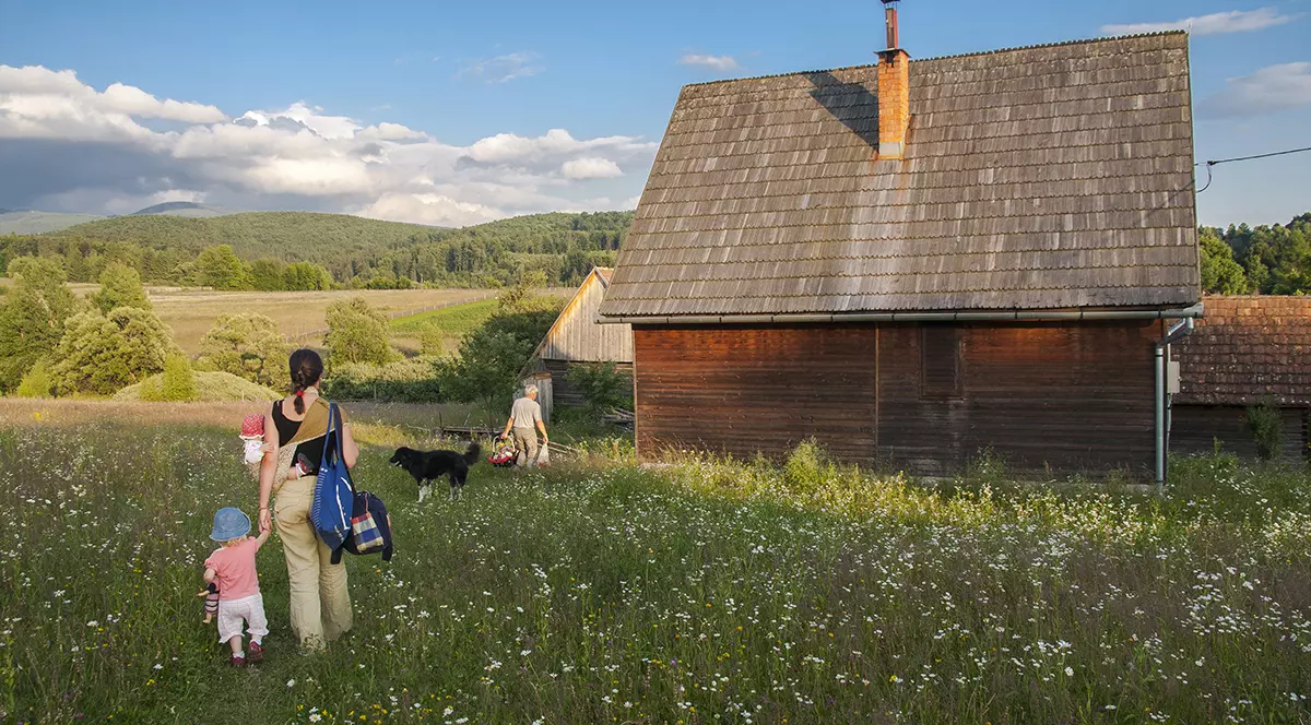 Tânăra familie se îndreaptă spre casa lor rurală din lemn, cu copiii, pe o pajiște frumoasă din munți; viața rurală, stilul de viață la țară în Transilvania, România