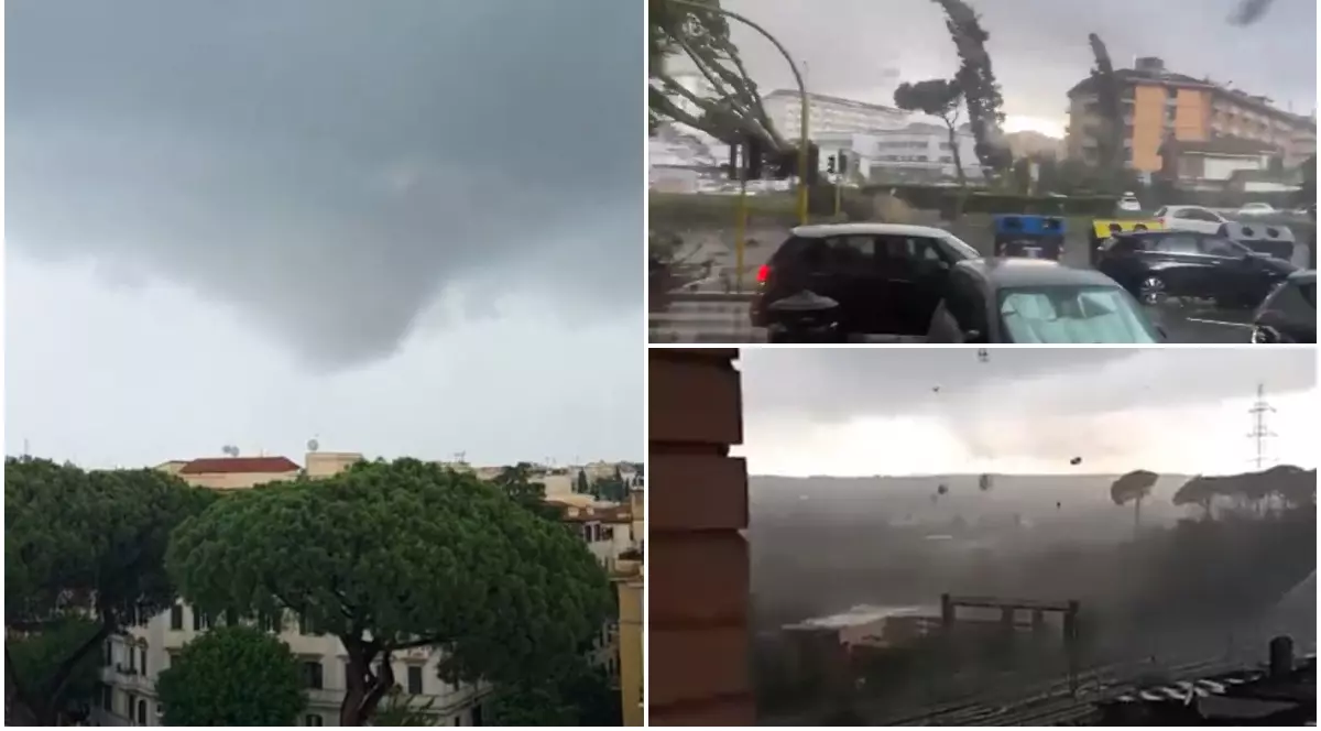 Colaj ce înfățișează în partea stângă o pâlnie de tornadă în formare sub un cer acoperit de nori deasupra unui oraș, în colțul din dreapta sus efectele vijeliei asupra copacilor și mașinilor pe o stradă, iar în colțul din dreapta jos resturi luate de vânt deasupra unei zone industriale.
