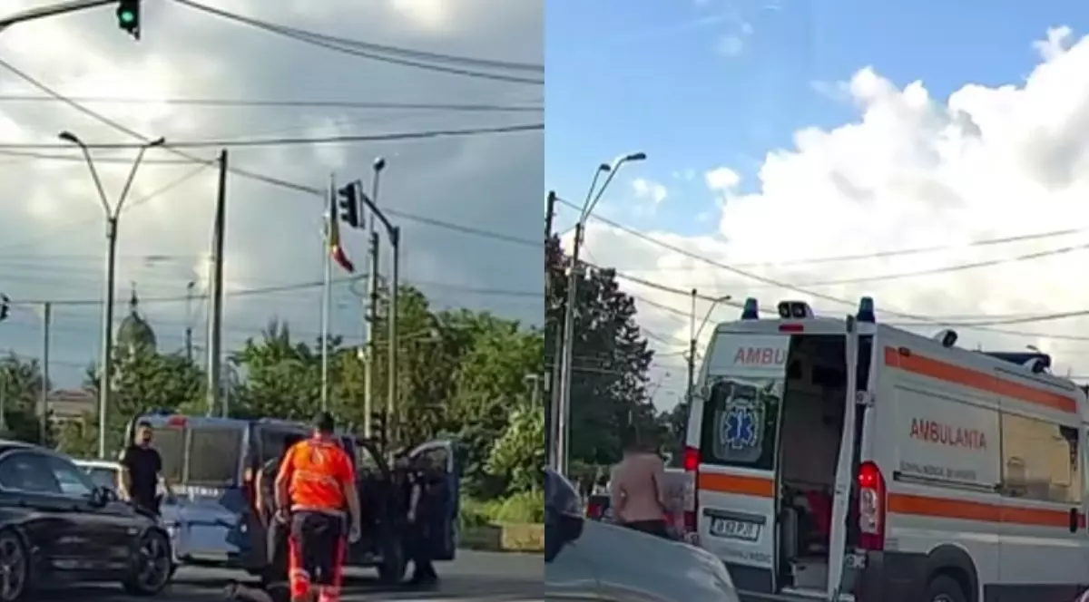 Un bărbat din București a sărit dintr-o ambulanță la semafor și s-a aruncat imediat pe burtă după ce a văzut duba de jandarmi. Foto colaj foto