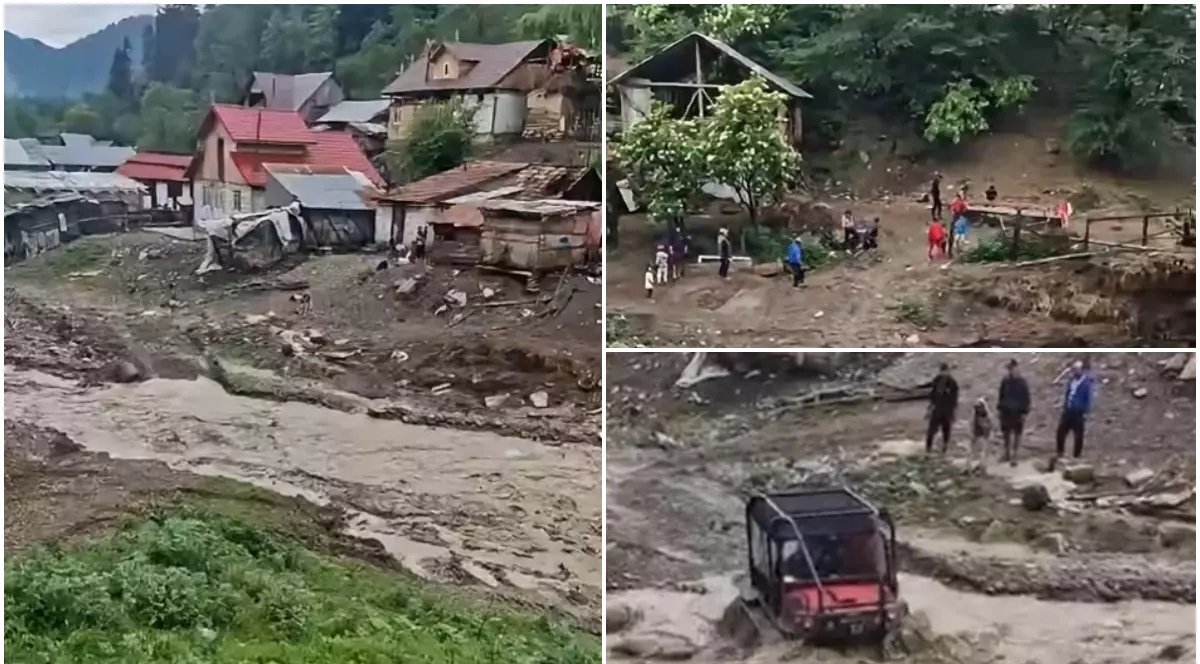 Colaj ce înfățișează efectele unei viituri într-o zonă rurală