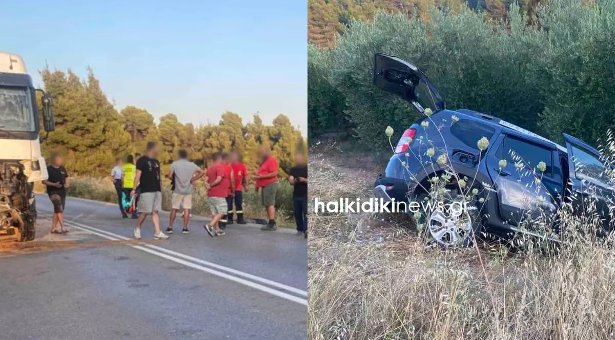 Un colaj cu două fotografii, în imaginea din stânga sunt mai mulți oameni pe un drum pustiu, la locul unui accident, iar în imaginea din dreapta este un Dacia Duster care a căzut într-o râpă