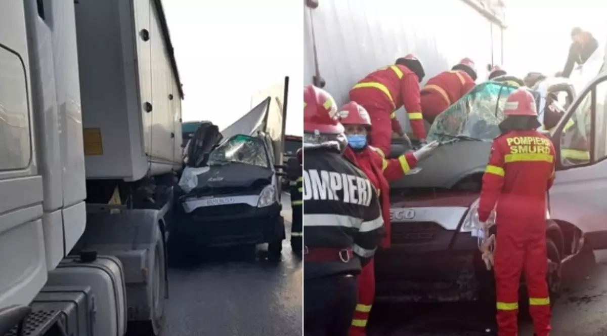 Colaj din două fotografii: în stânga apare camioneta alba intrată în remorca unui TIR și în dreapta paramedici SMURD îmbrăcați în uniforme roșii în timp ce încearcă să îl salveze pe șoferul camionetei