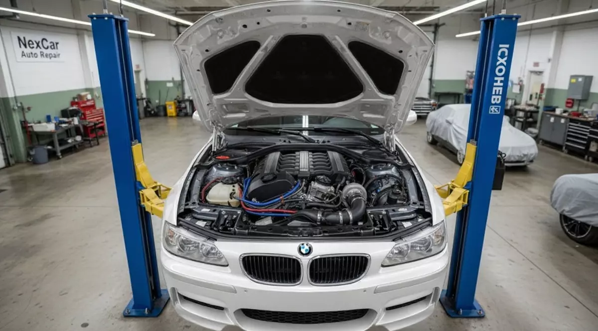 Un autoturism BMW alb, cu capota ridicată pentru inspecția motorului, poziționat între pilonii albastri ai unui elevator dintr-un atelier de reparații auto.