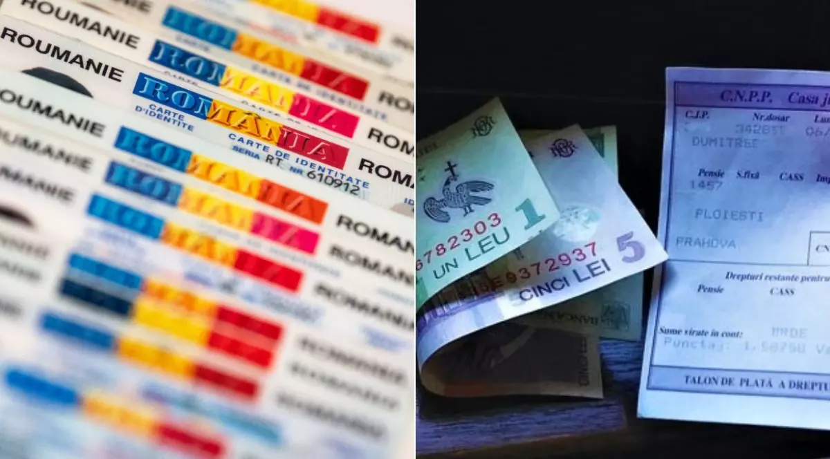 Colaj din două fotografii: în stânga multe buletine vechi, iar în dreapta un talon mov de pensie și bani românești