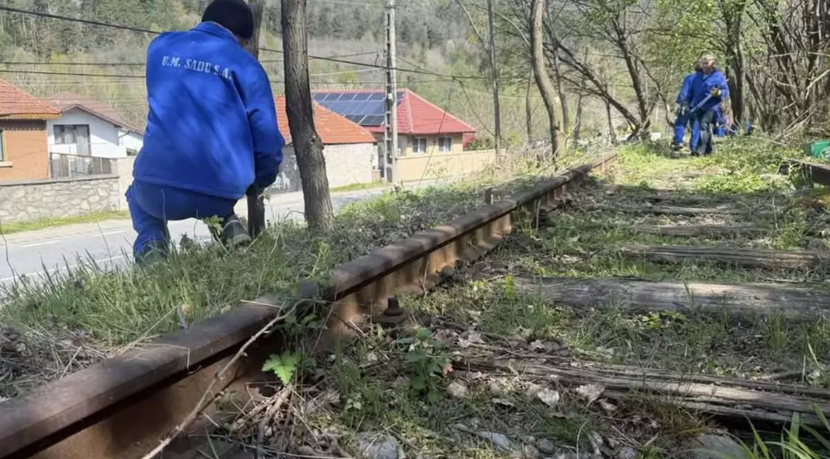 Doi muncitori ai Sadu SA, in combinezoane albastre, lucreaz ala sine de tren