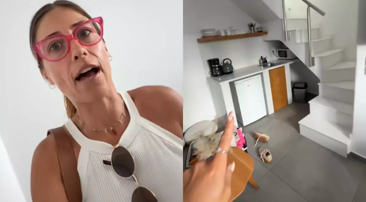 Un colaj cu două fotograqfii, în imaginea din stânga se vede o femeie blondă cu ochelari roz, în timp ce este uimită și în imaginea din dreapta se vede cum o mână de femeie arată spre un frigider dintr-o cameră