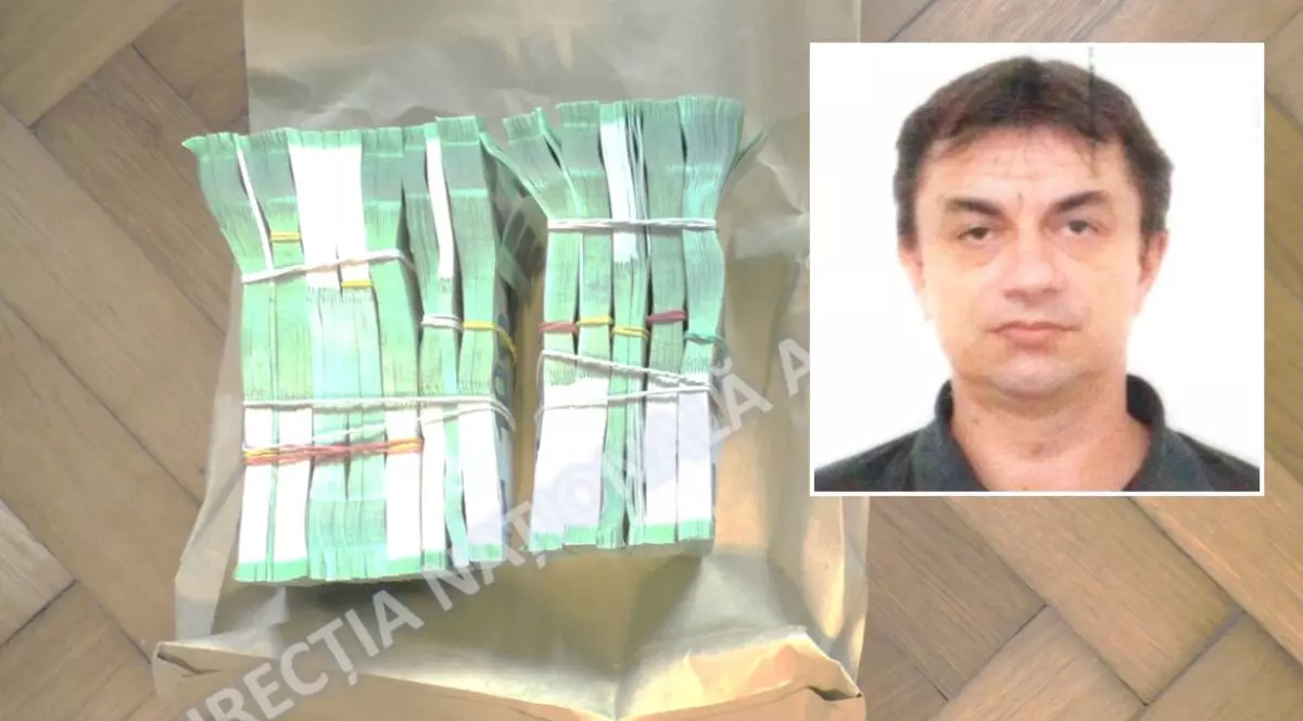Colaj foto cu teancuri de bancnote de 100 de euro pe o pungă de cadouri așezată pe parchet în casă, și poza lui Tiberiu Alexandru Pîrvu, directorul general al Uzinei Mecanice Plopeni