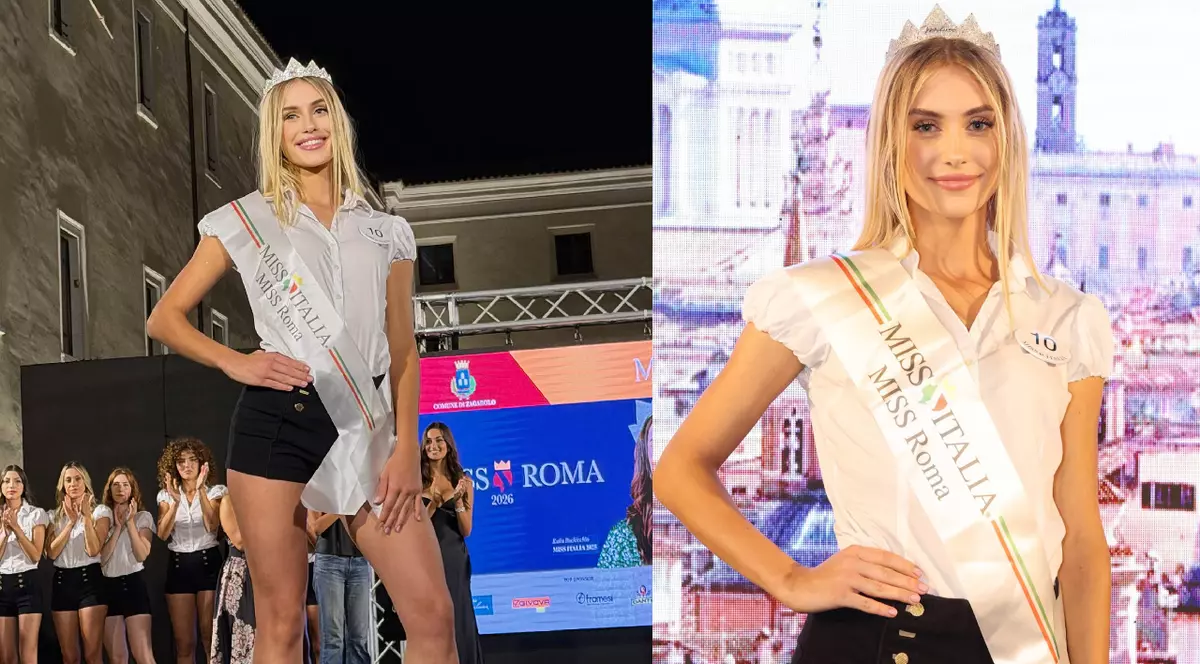 O tânără îmbracata in pantaloni negri si camasa alba, pe un podium, cu coroana și eșarfa de miss Roma