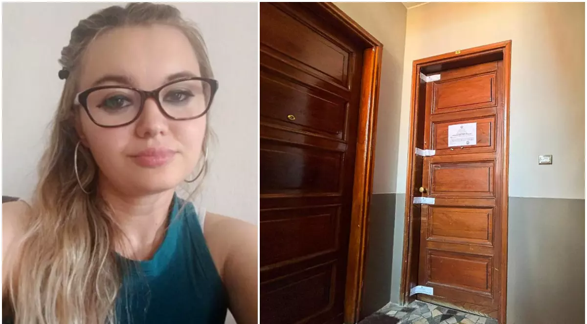 Imaginea compusă prezintă în stânga portretul unei femei blonde cu ochelari, iar în dreapta o ușă de lemn din interiorul unei clădiri, sigilată oficial.