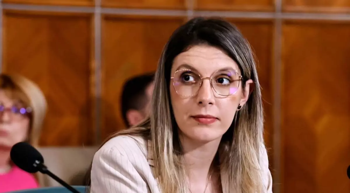 Imaginea o surprinde pe Diana Buzoianu în timpul unei ședințe, purtând ochelari și un sacou deschis la culoare, în timp ce privește atent spre interlocutori.
