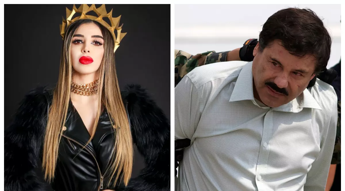 Colaj realizat din două fotografii: stanga cu Emma Coronel Aispuro, îmbrăcată toată în negru cu o coroană autie pe cap, în dreapta, El Chapo de când a fost arestat.