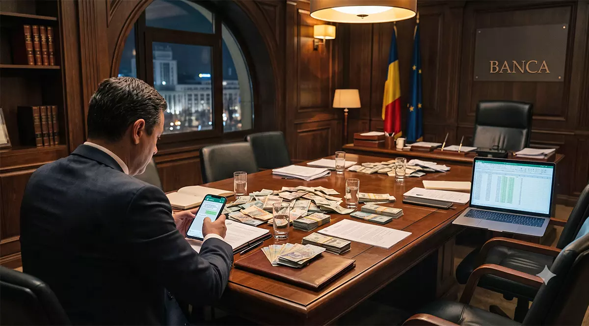 Un bancher sta la o masa plina cu bani si scrie pe whatsapp