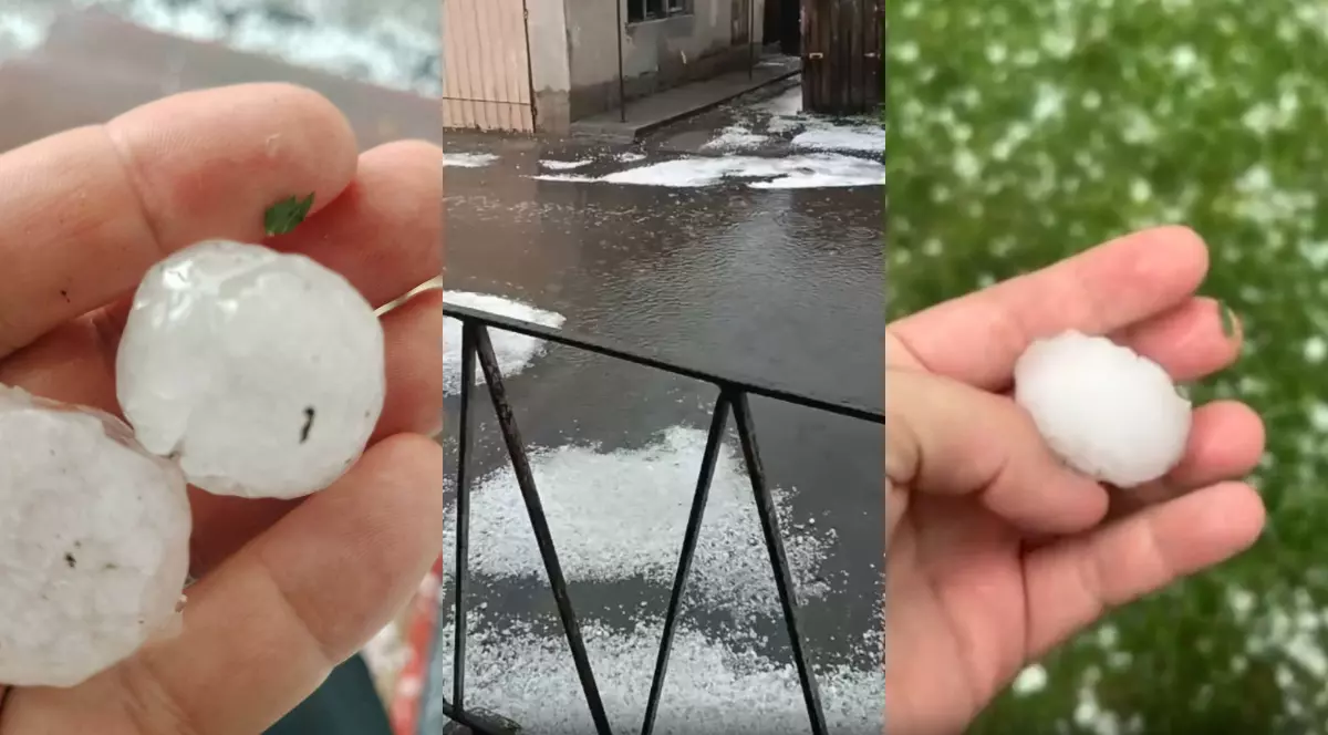 Un colaj din trei imagini, în prima ftografie se vede o mâna de bărbat care ține două bucăți uriașe de grindină, în imaginea din mijloc se vede curtea unei case, acoperite de grindină, iar în a treia imagine este mâna unei femei care ține o bucată de grindină de dimenziunea unui ou