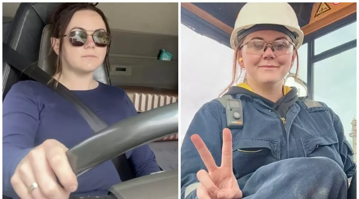 Hannah Robinson în timp ce conduce (stânga), iar în dreapta poartă o caschetă pe cap și un costum albastru închis