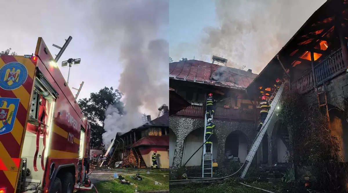 Colaj Incendiu Mănăstirea Bisericani, județul Neamț, pompierii intervin pentru singerea incendiului