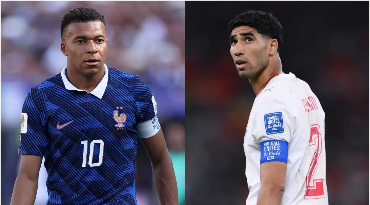 Kylian Mbappe și Achraf Hakimi se duelează în primul sfert de finală de la Campionatul Mondial de fotbal din 2026 în meciul Franța - Maroc | Foto: Getty Images