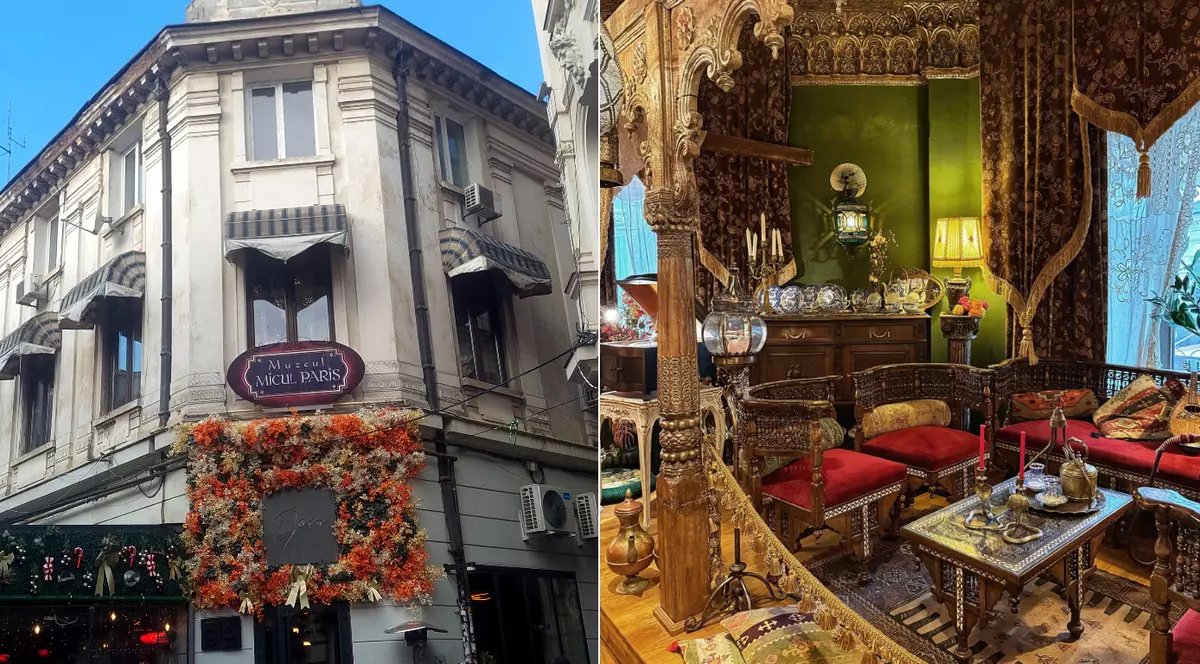 Colaj cu o cladire-muzeu si o fotografie cu un salon oriental din interior